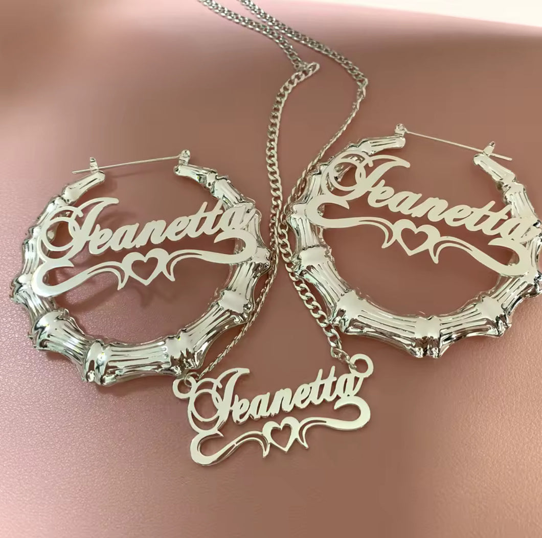 Juego de 2 piezas de pendientes y collar con nombre, pendientes de bambú cubano de 3MM, colgante con nombre de corazón personalizado, pendientes con nombre